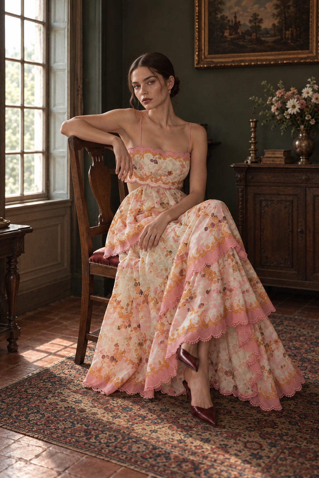Floral Print Sweetheart Scalloped Tiered Maxi Dress
