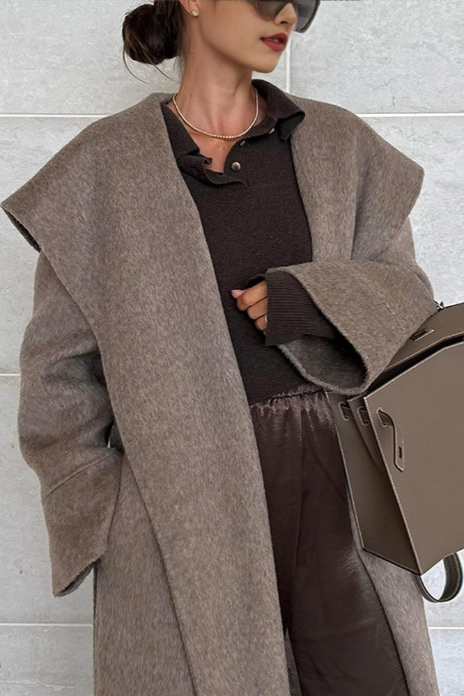 Wool Wide Lapel Cinched Waist Long Overcoat - Fashionpara