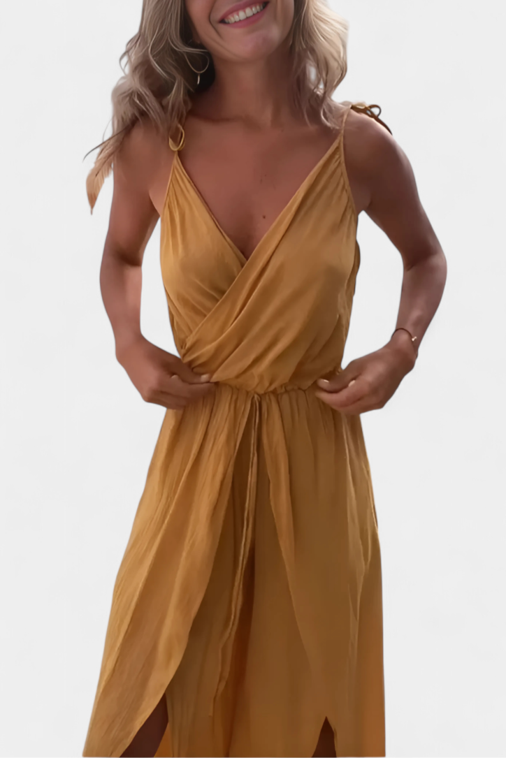 Satin Wrap V-Neck Spaghetti Strap High Split Wide Leg Jumpsuit 3