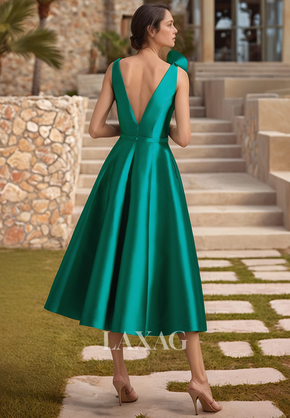 Deep V-Neck Off-Shoulder Sleeveless Cocktail Gowns Floral Embellished Midi A-Line Mother of the Bride Dress
