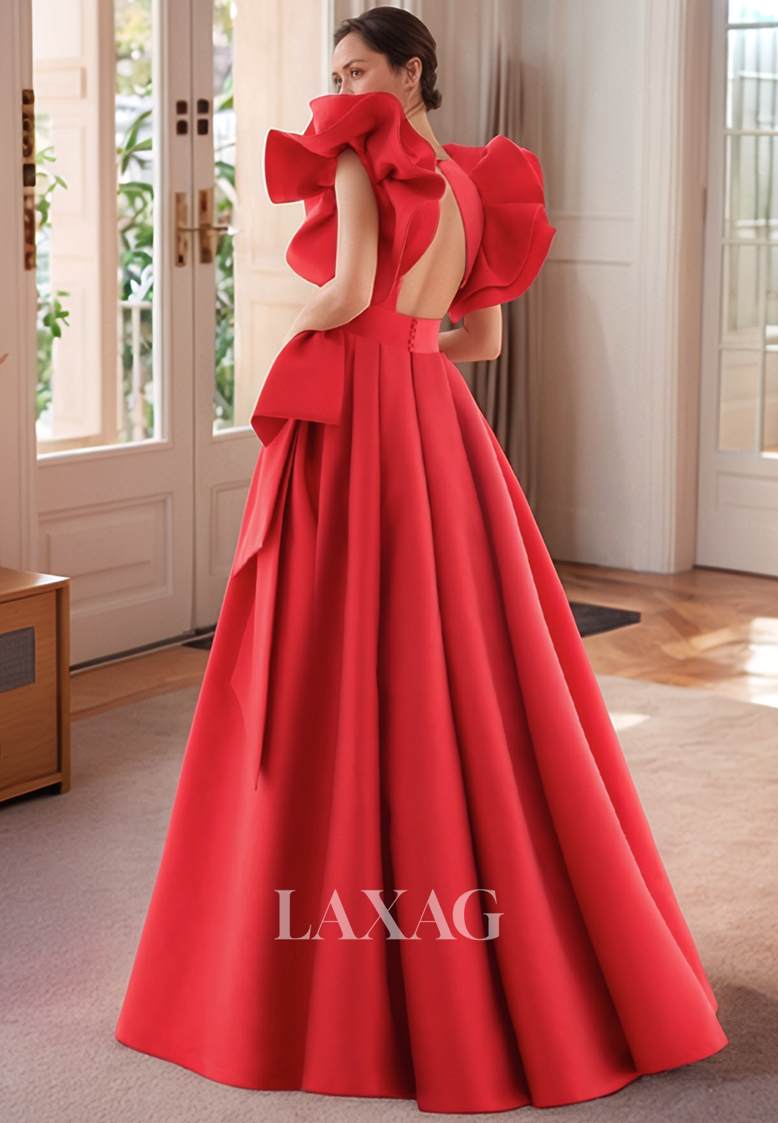 A-Line Deep V-Neck Floor-Length Mother of the Bride Dress Ruffled-Straps Sleeveless Pleated Satin Cocktail Gowns