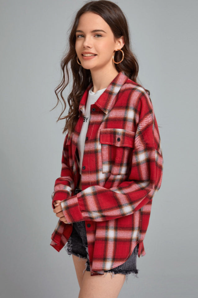 Plaid Stand Collar Button Shirt Blouse - Fashionpara