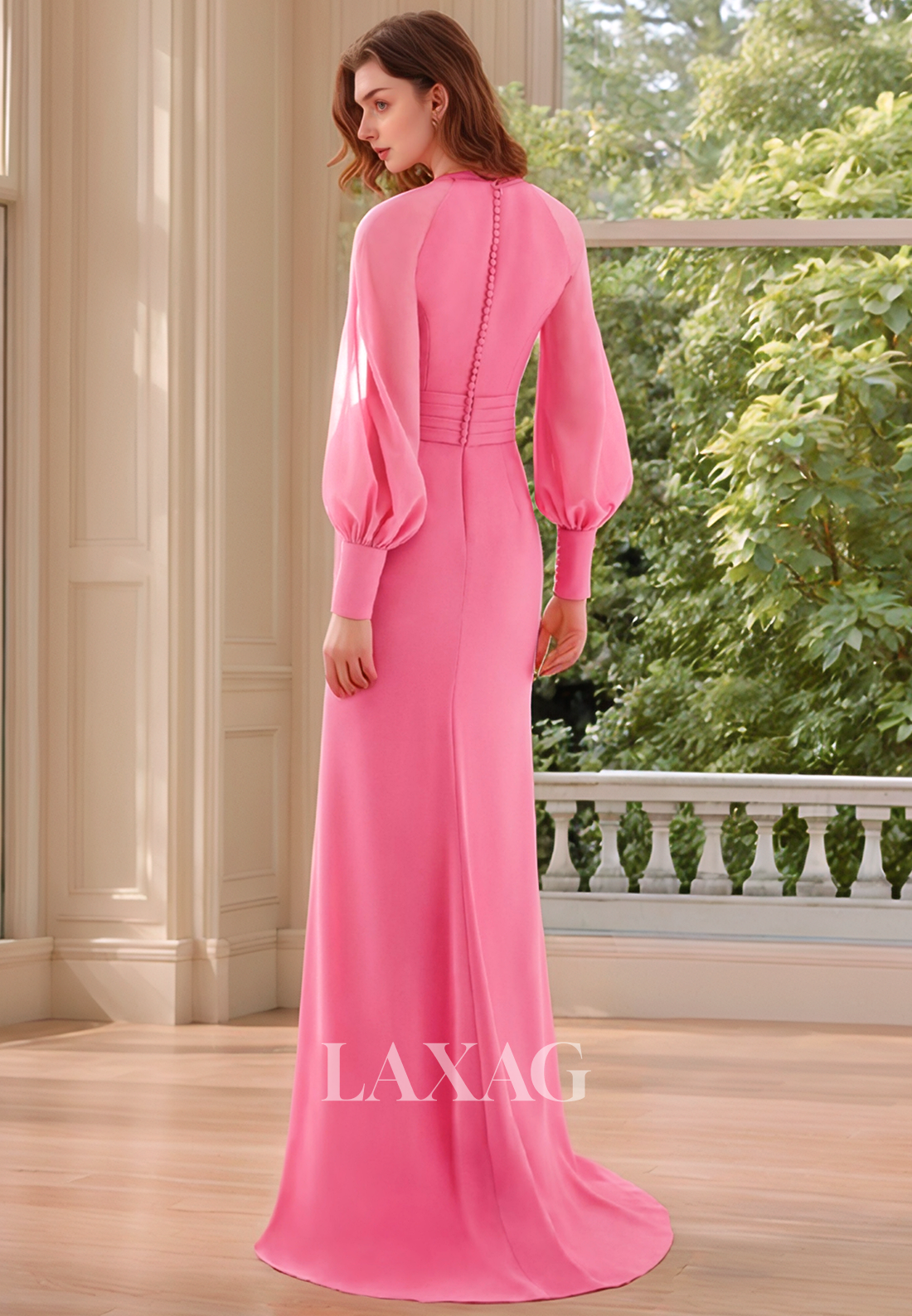 V-Neck Long-Sleeves Pleated Floor-Length Chiffon Mermaid Mother of the Bride Dress with High Slit