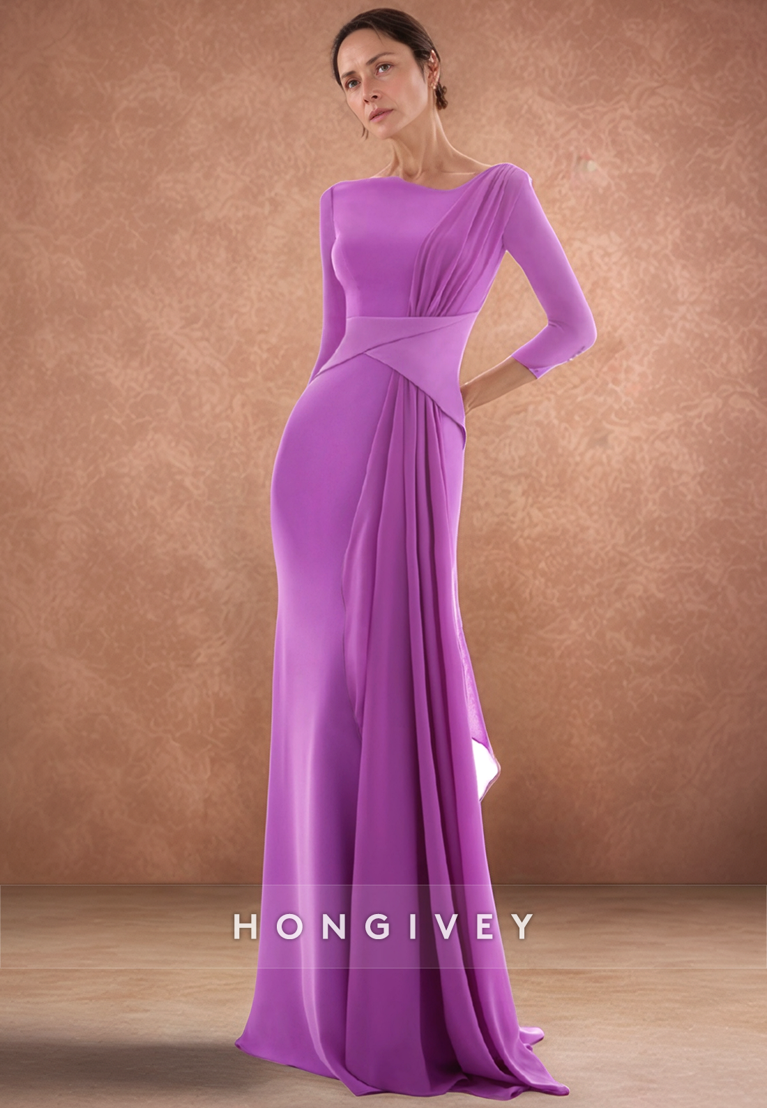 Sheath Scoop Pleats 3/4 Sleeves Long Elegant Mother of the Bride Dress