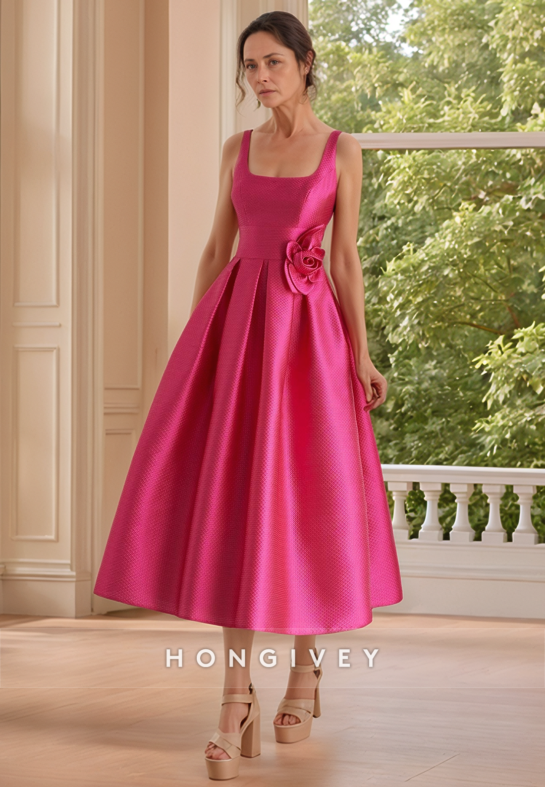 A Line Square Flower Backless Sleeveless Pink Mother of the Bride Dress Short Cocktail Dress