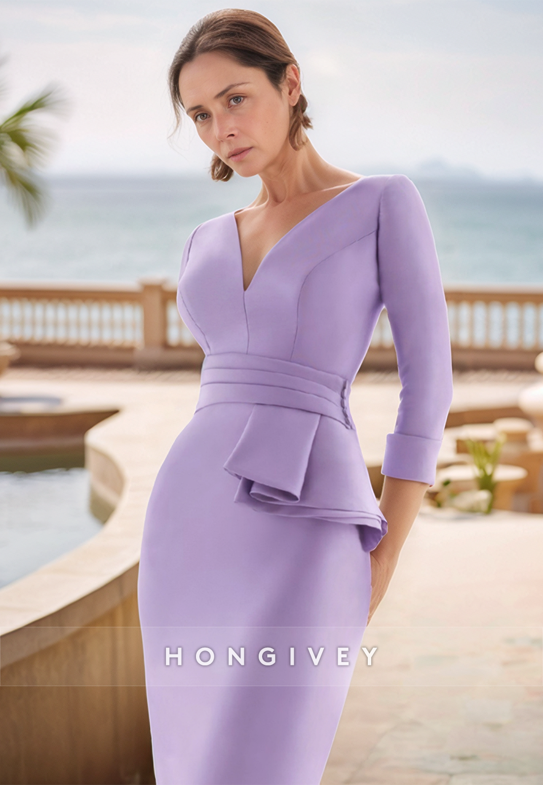 Sheath V Neck 3/4 Sleeves Short Mother of the Bride Dress Cocktail Dress