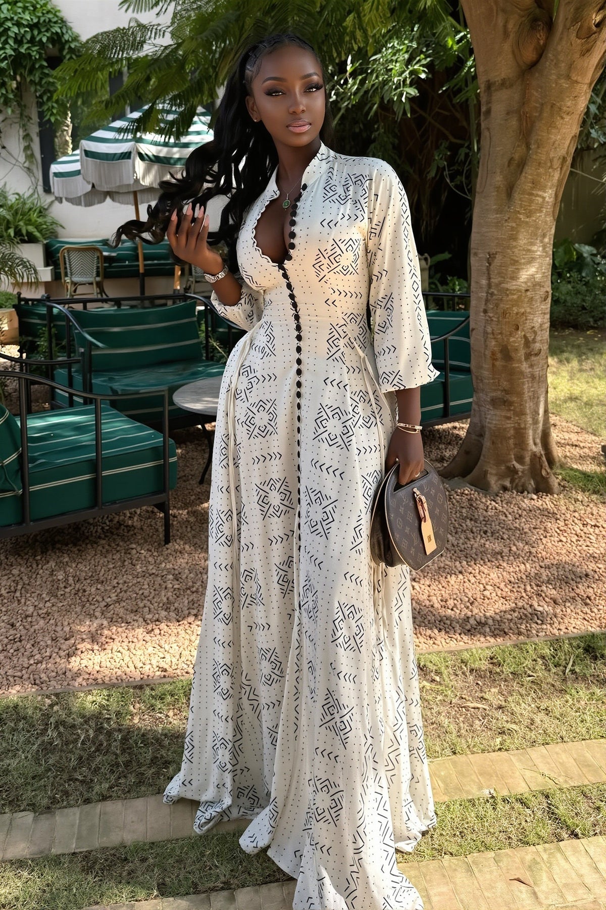 Geometric Print Button Front Long Sleeve Maxi Dress