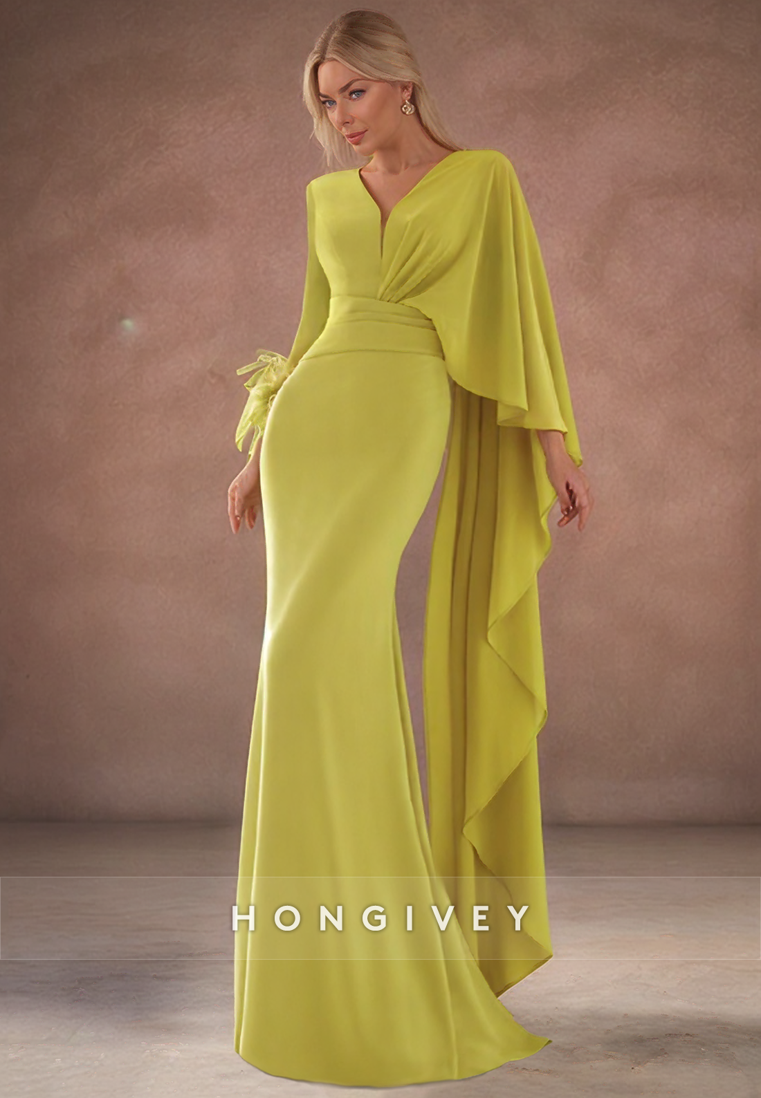 Sexy V Neck Feathers Long Sleeves Mermaid Mother of the Bride Dress