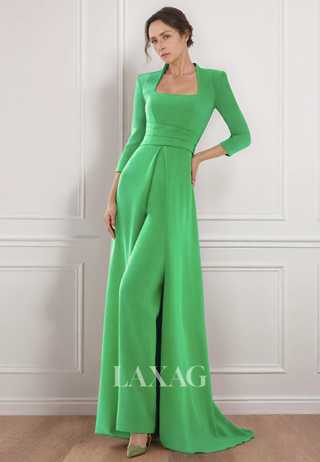 Square-Neck 3/4-Sleeves Satin Cocktail Gowns Pleated Floor-Length Mermaid Mother of the Bride Dress