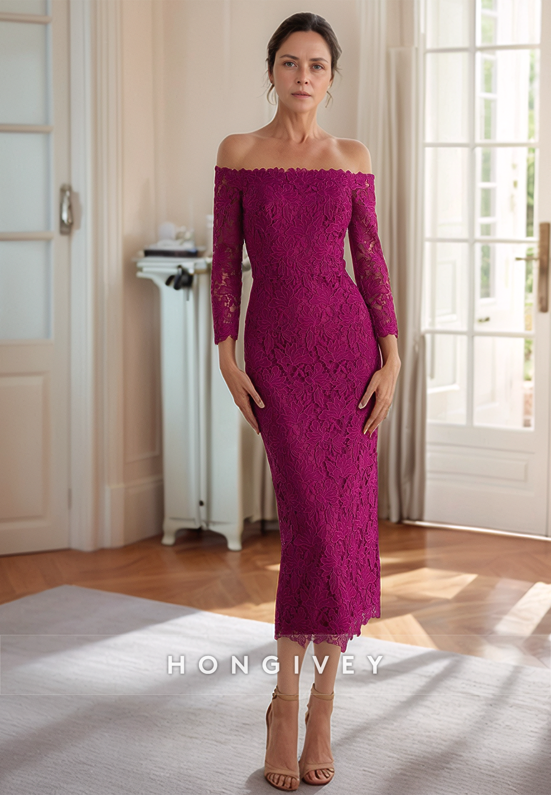 Sheath Off the Shoulder 3/4 Sleeves Mother of the Bride Dress Ankle-Length Elegent Cocktail Dresses