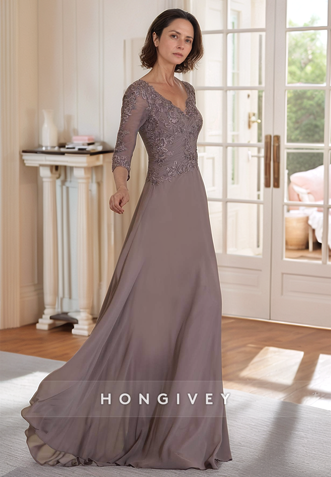 Sheath Sweep Train V Neck Lace 3/4 Sleeve Pleated Ruffles Mother of the Bride Dress
