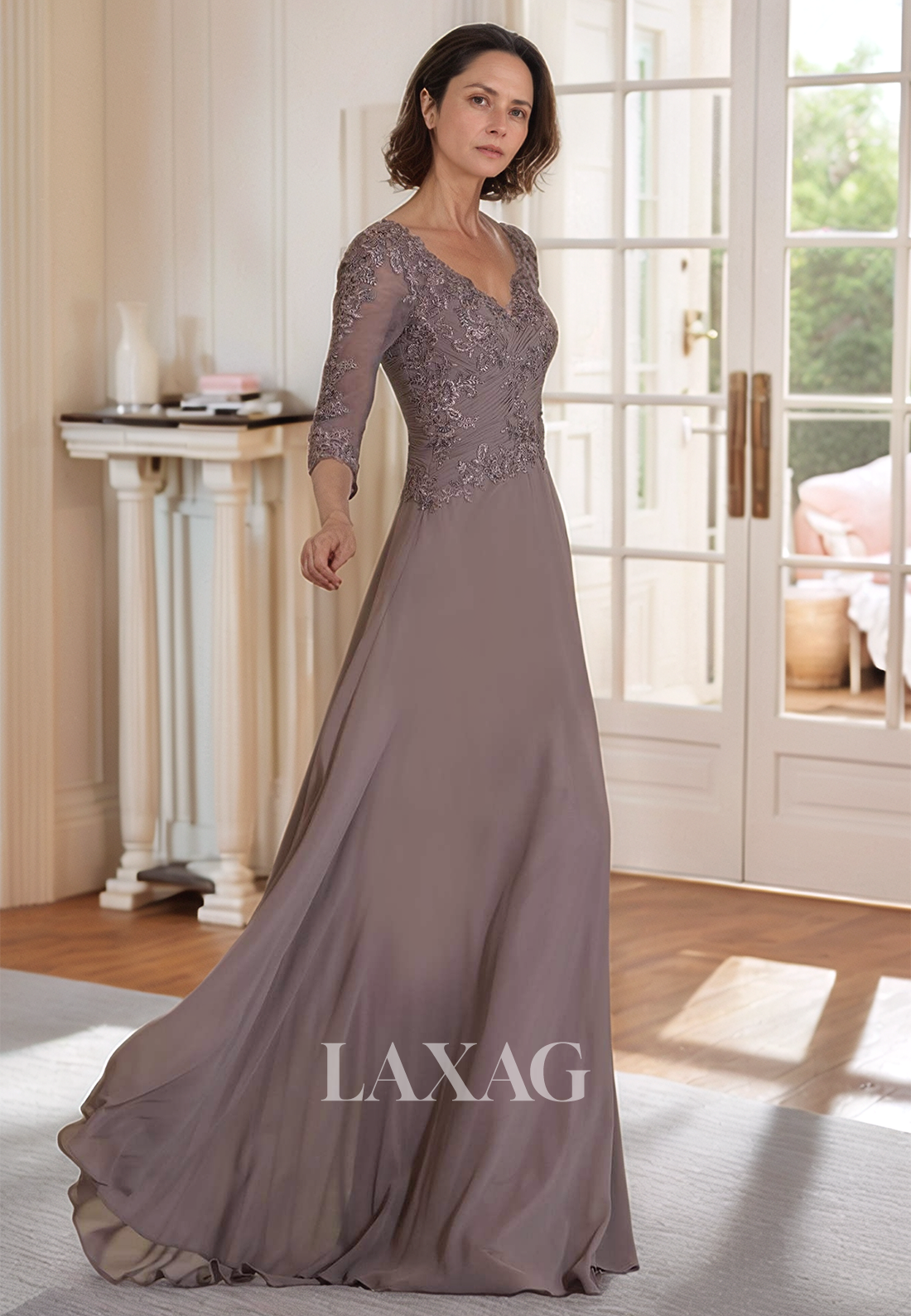 V-Neck 3/4 Sleeves A-Line Mother of the Bride Gowns Applique Pleated Floor-Length Tulle Cocktail Dress