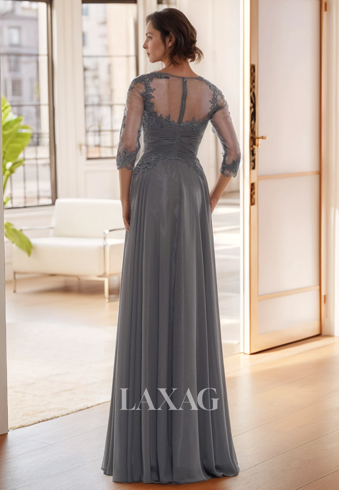 V-Neck 3/4 Sleeves A-Line Mother of the Bride Gowns Applique Pleated Floor-Length Tulle Cocktail Dress