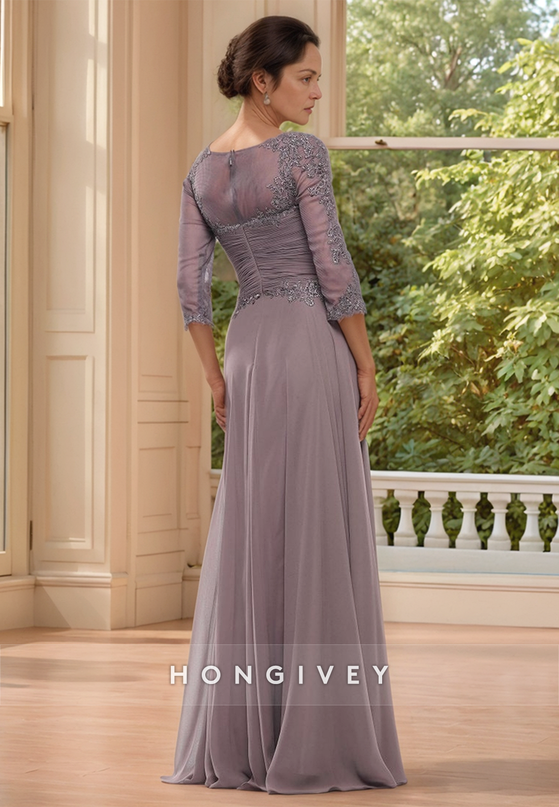Sheath Sweep Train V Neck Lace 3/4 Sleeve Pleated Ruffles Mother of the Bride Dress