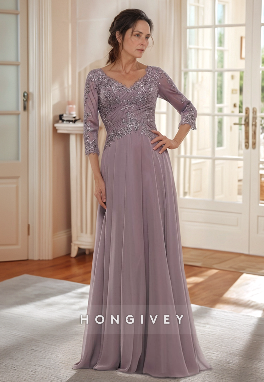 Sheath Sweep Train V Neck Lace 3/4 Sleeve Pleated Ruffles Mother of the Bride Dress