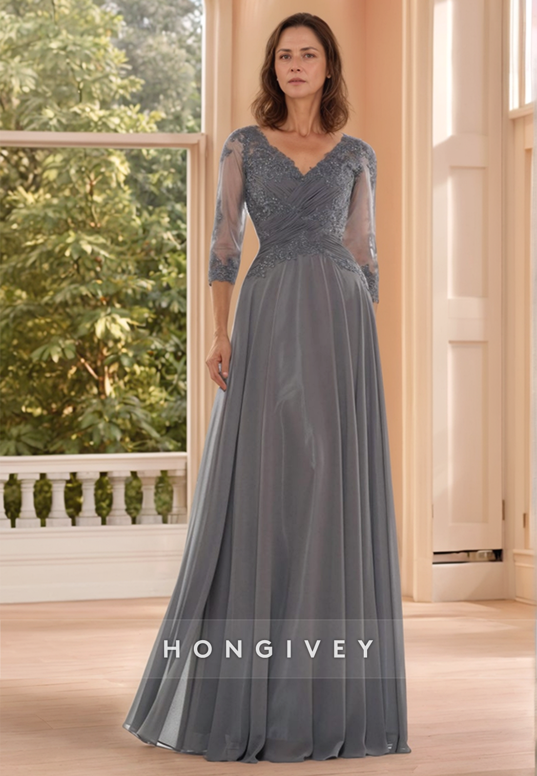Sheath Sweep Train V Neck Lace 3/4 Sleeve Pleated Ruffles Mother of the Bride Dress