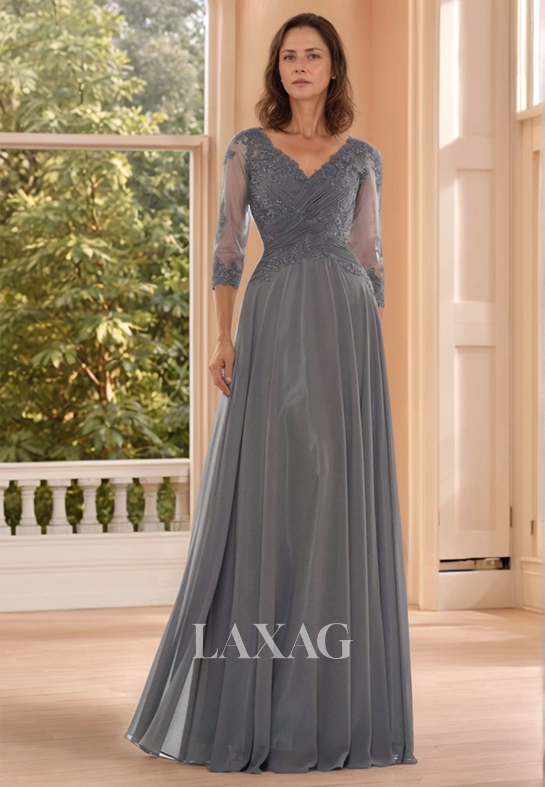 V-Neck 3/4 Sleeves A-Line Mother of the Bride Gowns Applique Pleated Floor-Length Tulle Cocktail Dress