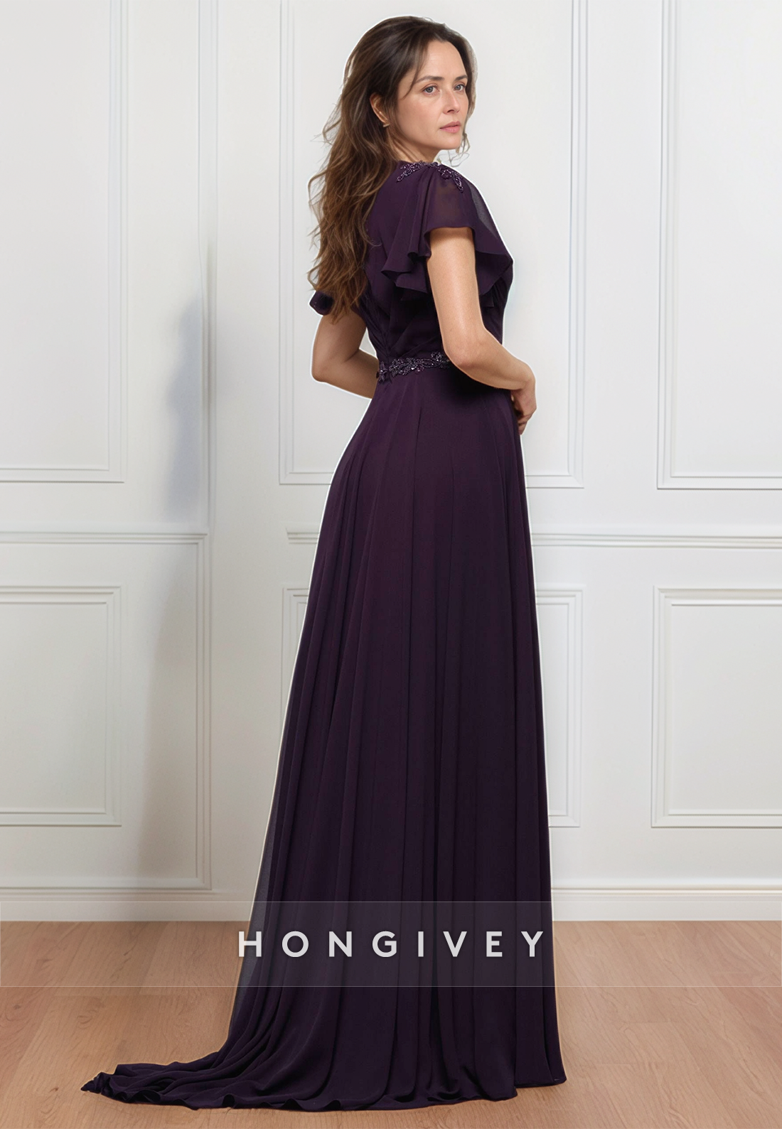 Sheath Floor-Length Chiffon V Neck Pleated Flutter Sleeves Mother of the Bride Dress