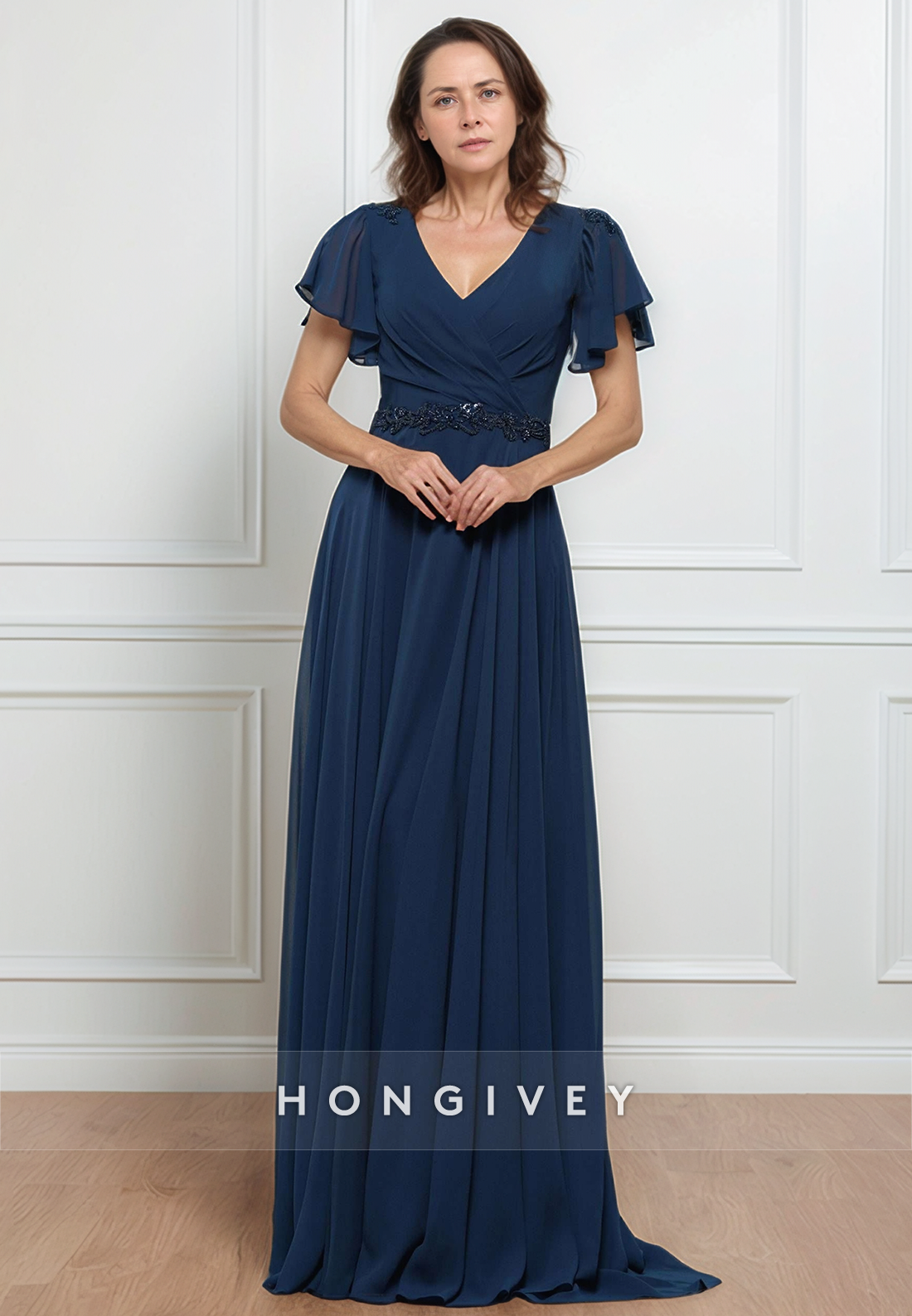 Sheath Floor-Length Chiffon V Neck Pleated Flutter Sleeves Mother of the Bride Dress