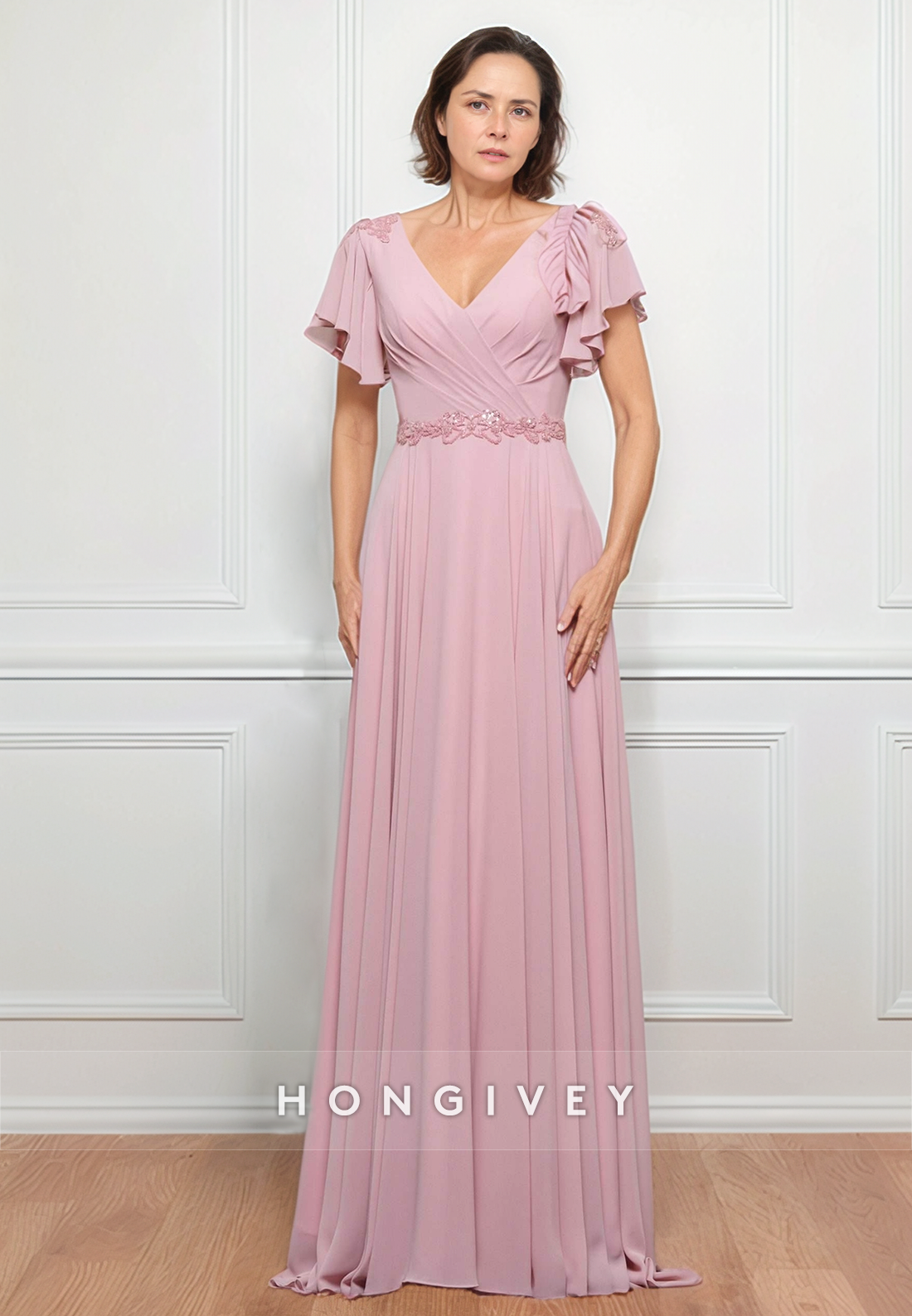 Sheath Floor-Length Chiffon V Neck Pleated Flutter Sleeves Mother of the Bride Dress