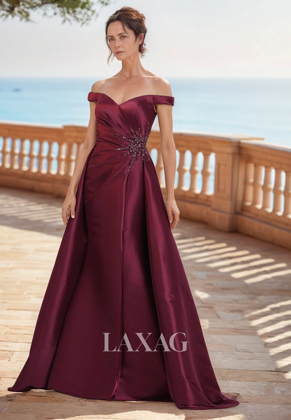 Sweetheart Off-Shoulder Sleeveless Cocktail Gowns Beaded Pleated Mermaid Mother of the Bride Dress