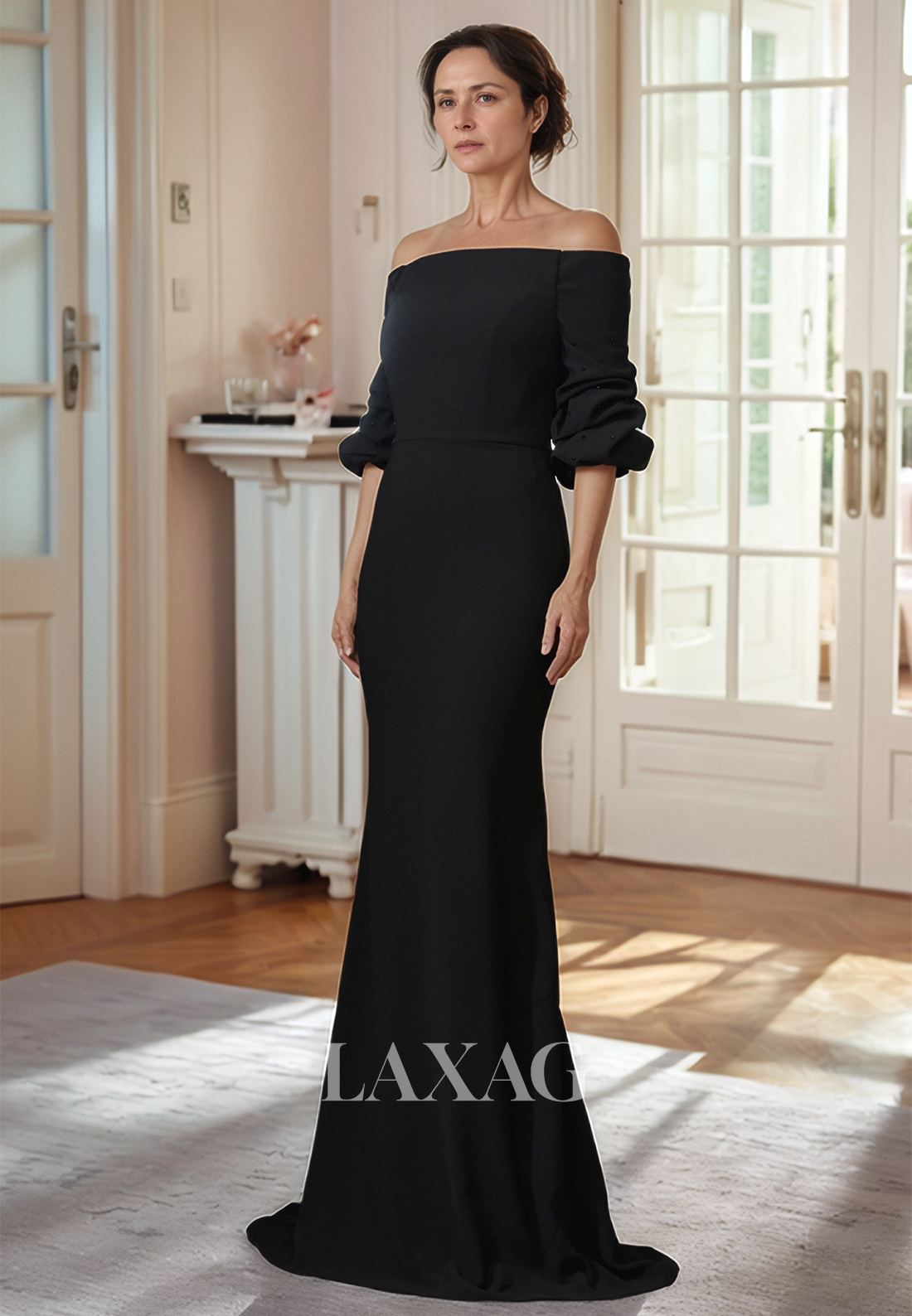 Tube Top Half-Sleeves Off-Shoulder Pleated Floor-Length Satin Mermaid Mother of the Bride Dress
