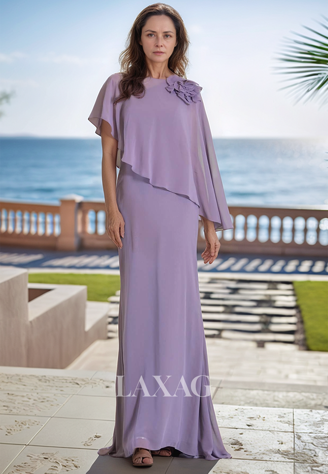 Scoop-Neck Sleeveless Mermaid Mother of the Bride Dress Pleated Chiffon Cocktail Dress with Overlay