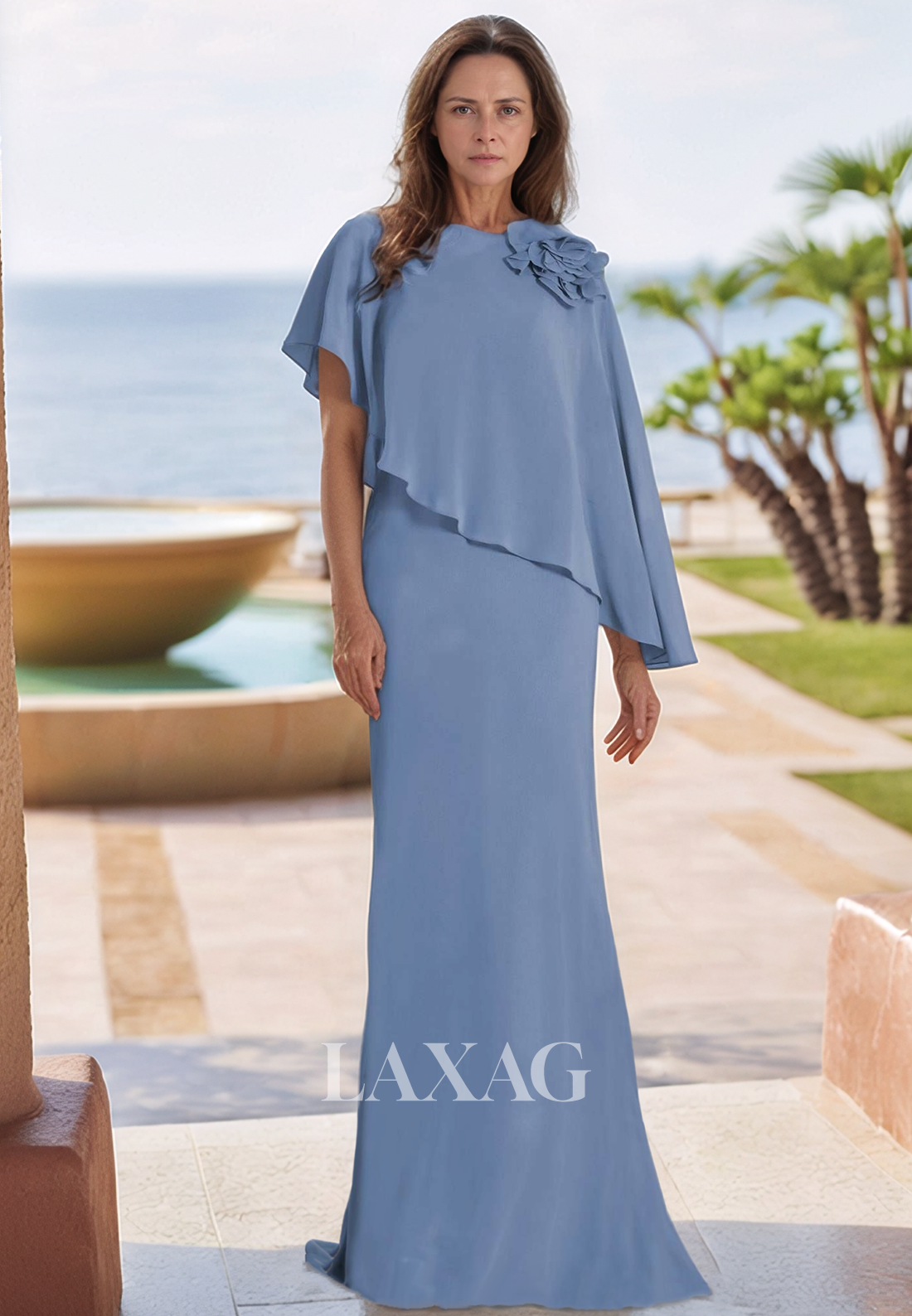 Scoop-Neck Sleeveless Mermaid Mother of the Bride Dress Pleated Chiffon Cocktail Dress with Overlay