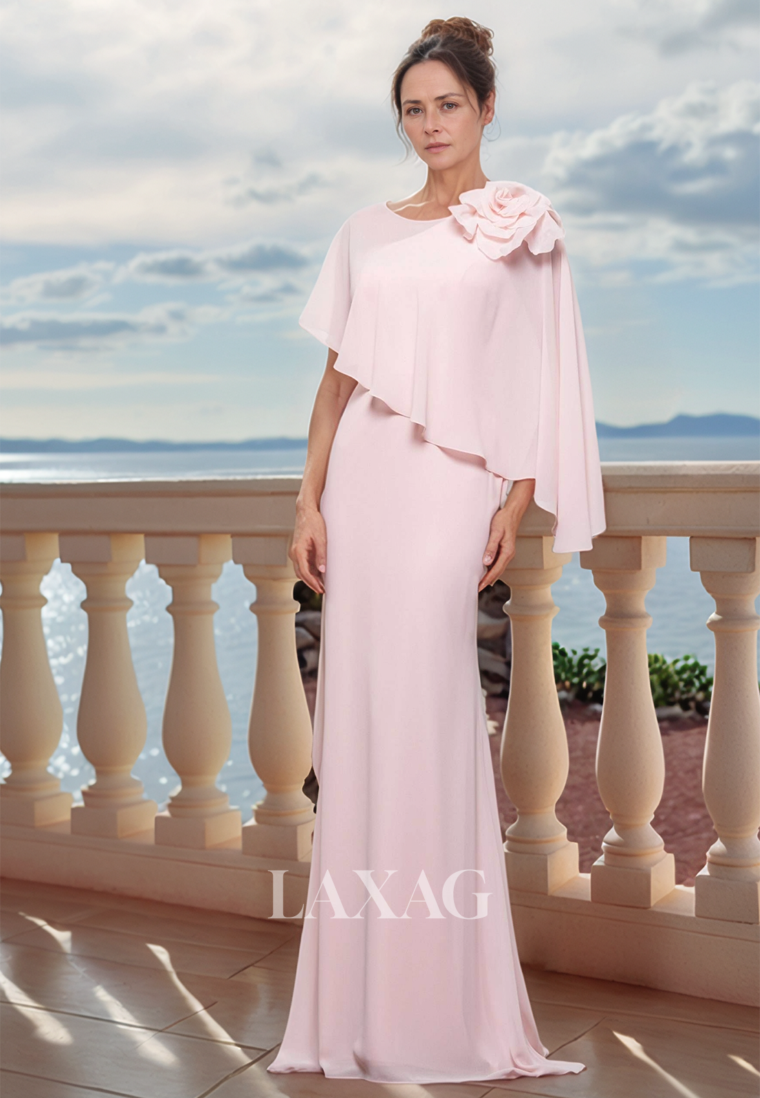 Scoop-Neck Sleeveless Mermaid Mother of the Bride Dress Pleated Chiffon Cocktail Dress with Overlay