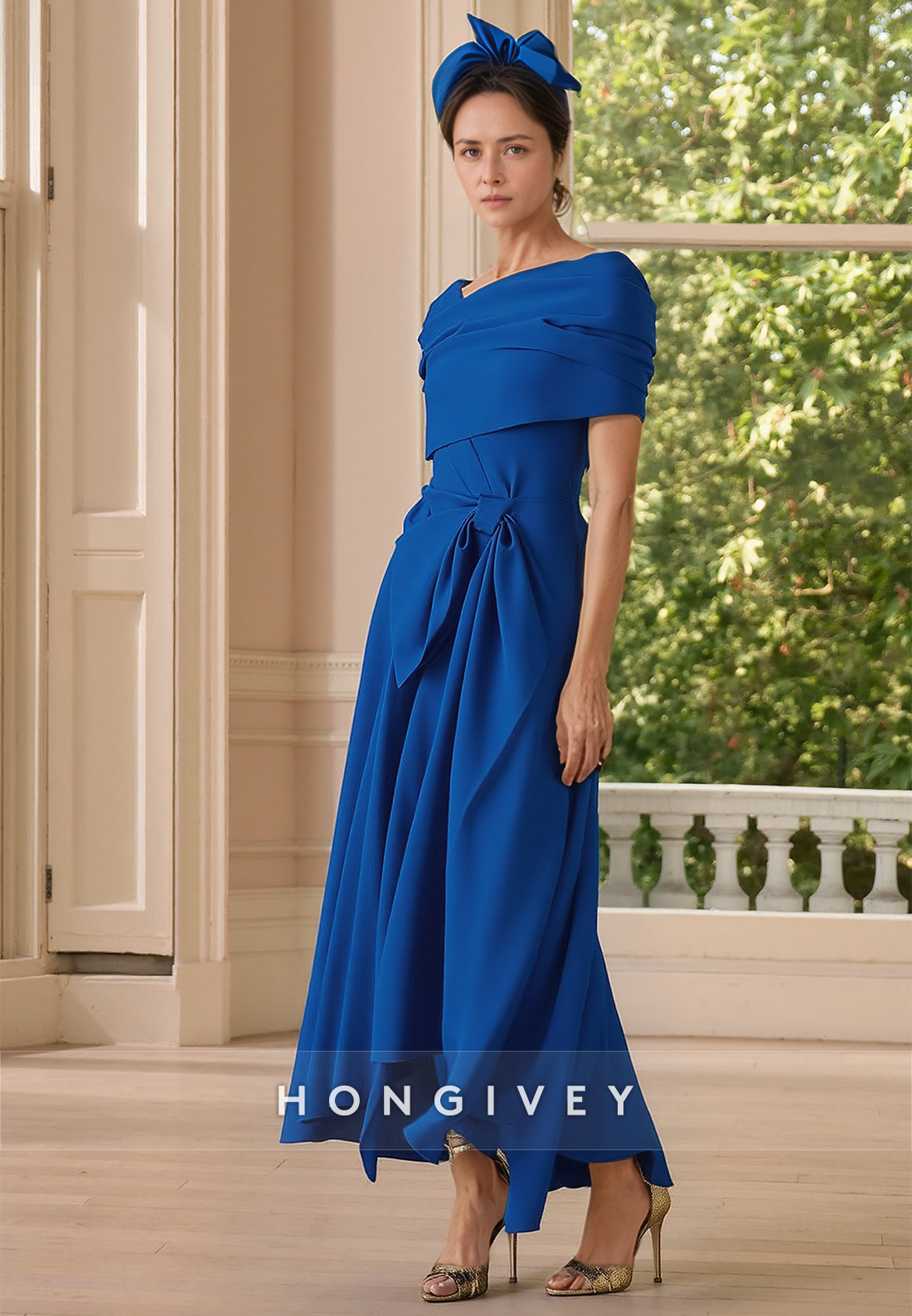 Ankle-Length A-line Asymmetrical Neck Satin Short Sleeve Bowknot Pleated Mother of the Bride Dress