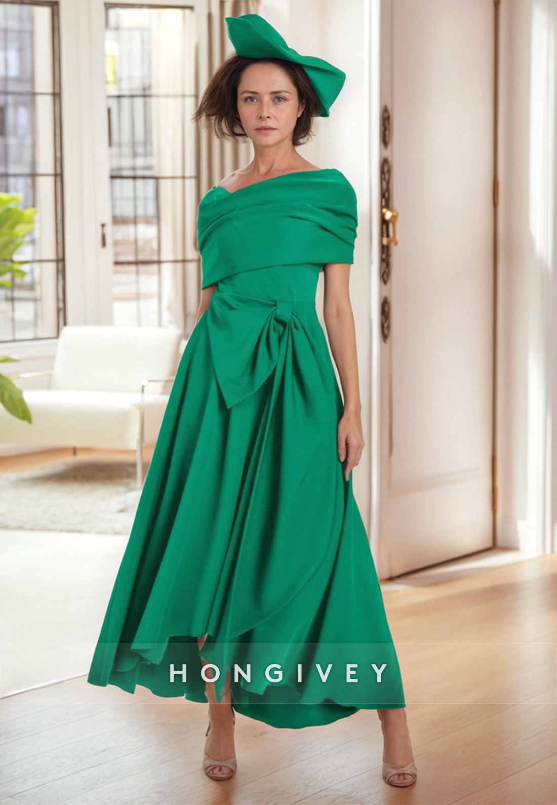 Ankle-Length A-line Asymmetrical Neck Satin Short Sleeve Bowknot Pleated Mother of the Bride Dress