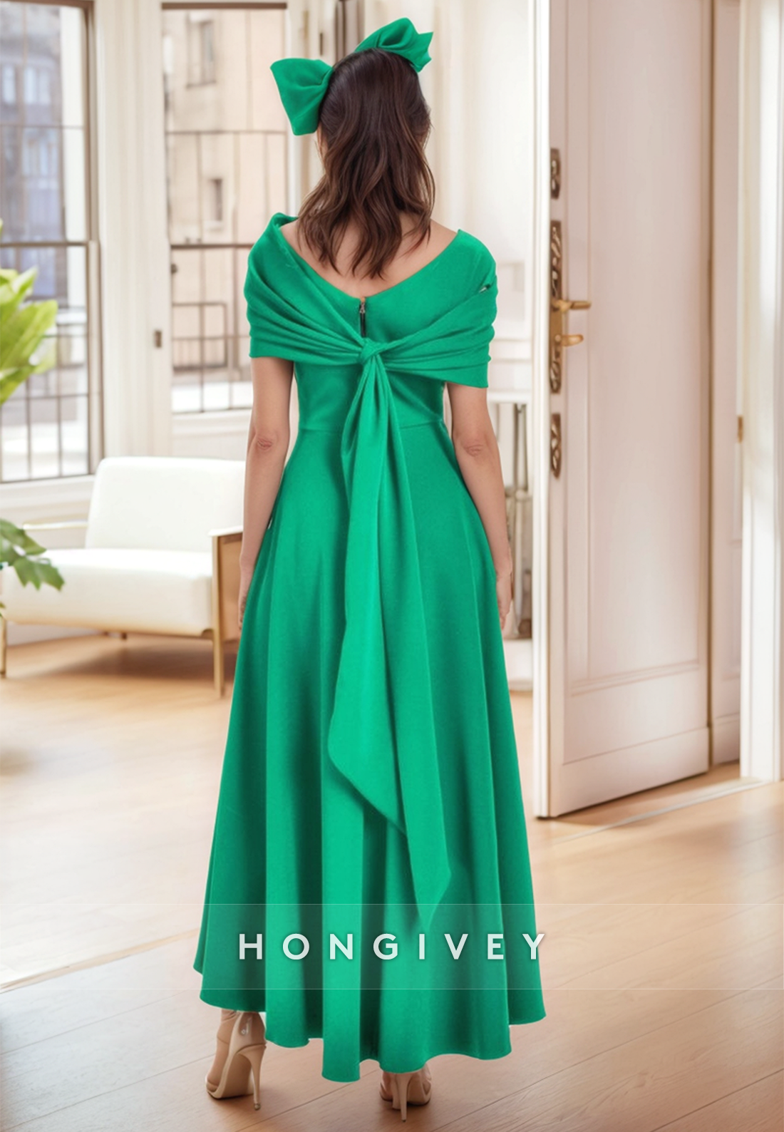Ankle-Length A-line Asymmetrical Neck Satin Short Sleeve Bowknot Pleated Mother of the Bride Dress