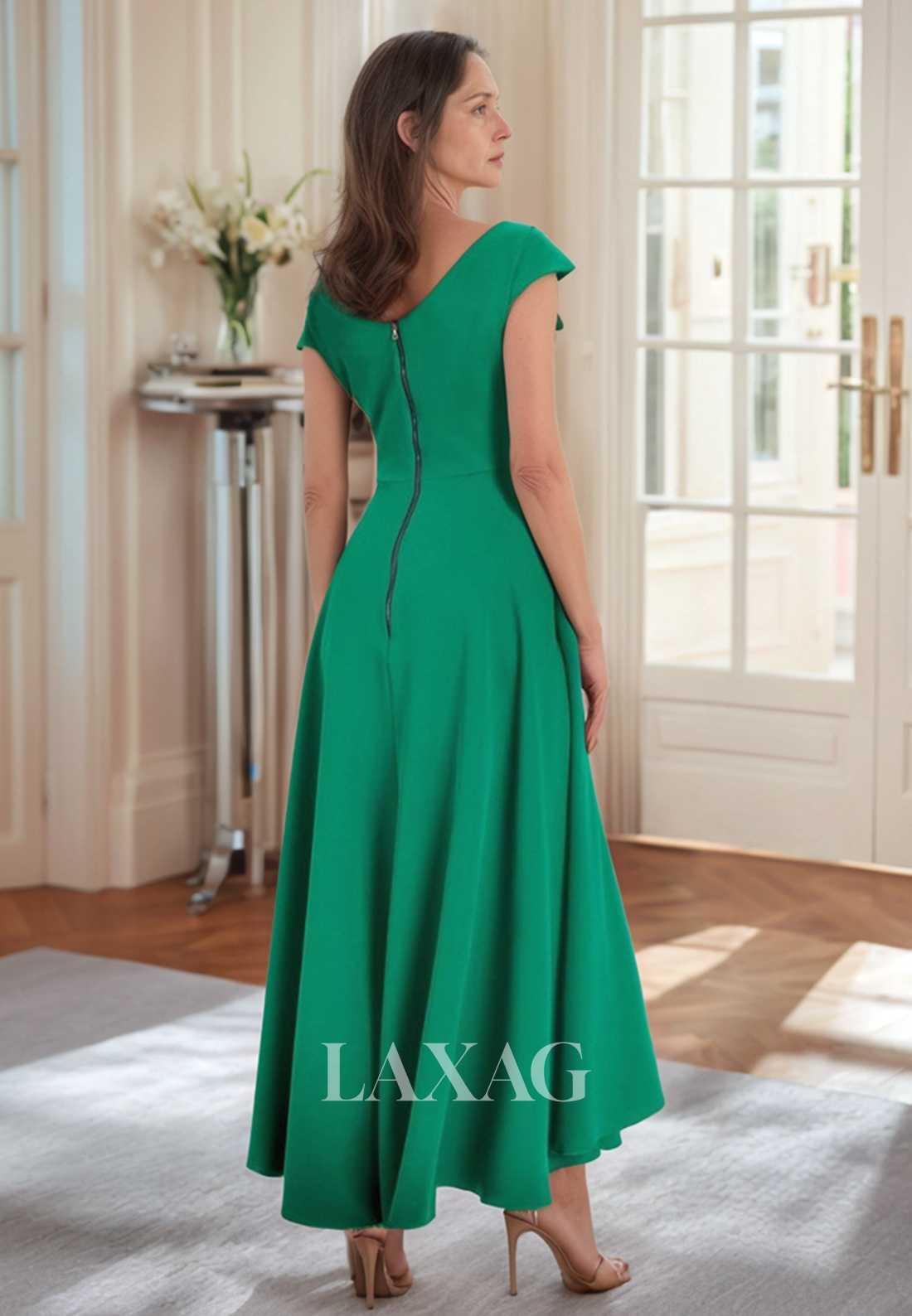 V-Neck Cap-Leeves Pleated Cocktail Gowns Satin Ankle-Length Fitted Mother of the Bride Dress with Bow