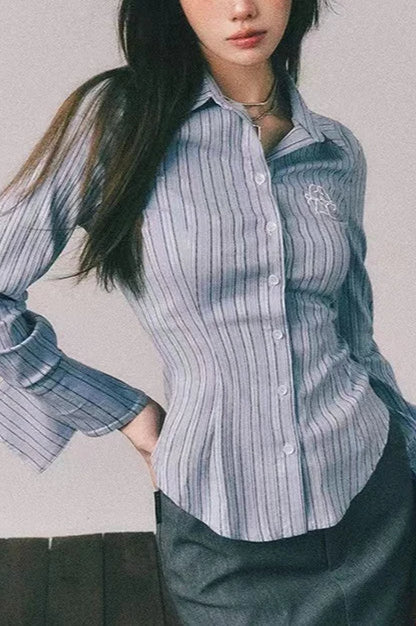 Embroidered Striped Slim Lapel Blouse