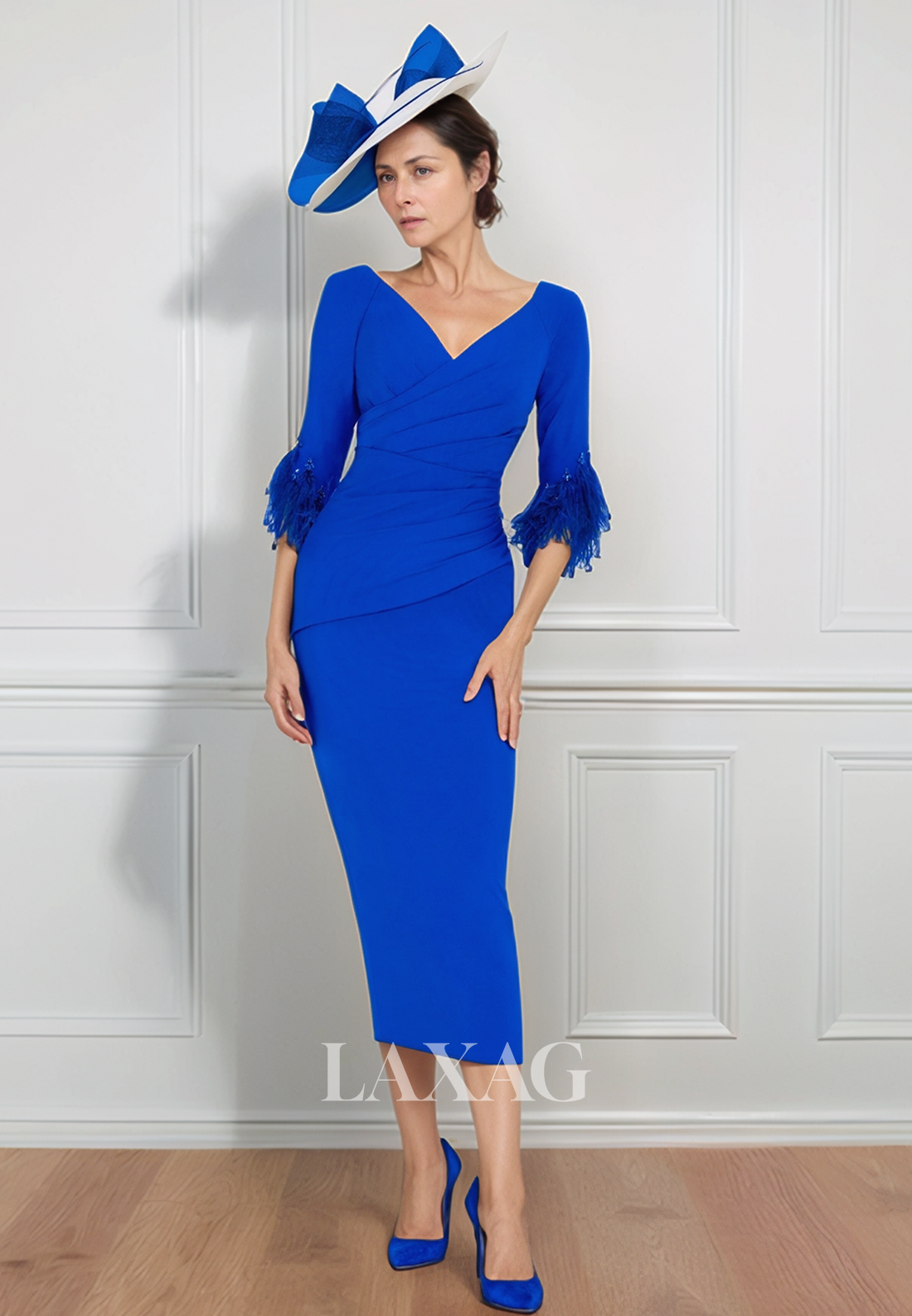 Half-Sleeves Satin Midi Cocktail Gowns V-Neck Pleated Mermaid Mother of the Bride Dress