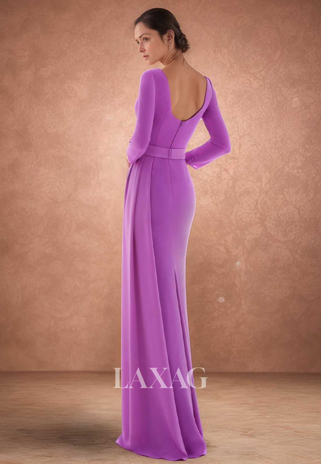 Scoop-Neck Long-Sleeves Pleated Floor-Length Satin Mermaid Mother of the Bride Dress