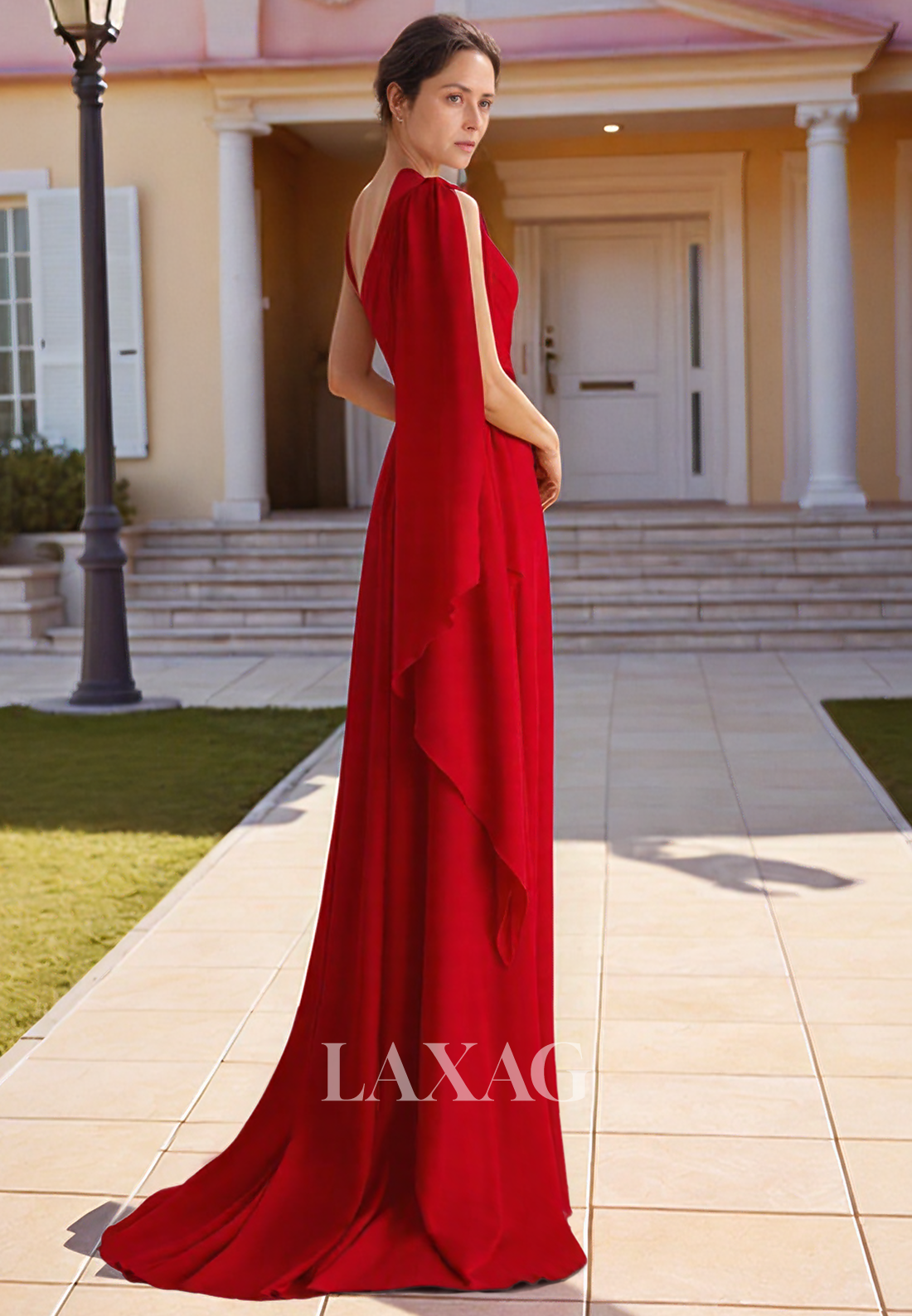 Asymmetrical-Neck Sleeveless Fitted Mother of the Bride Gowns Beaded Pleated Floor-Length Cocktail Gowns