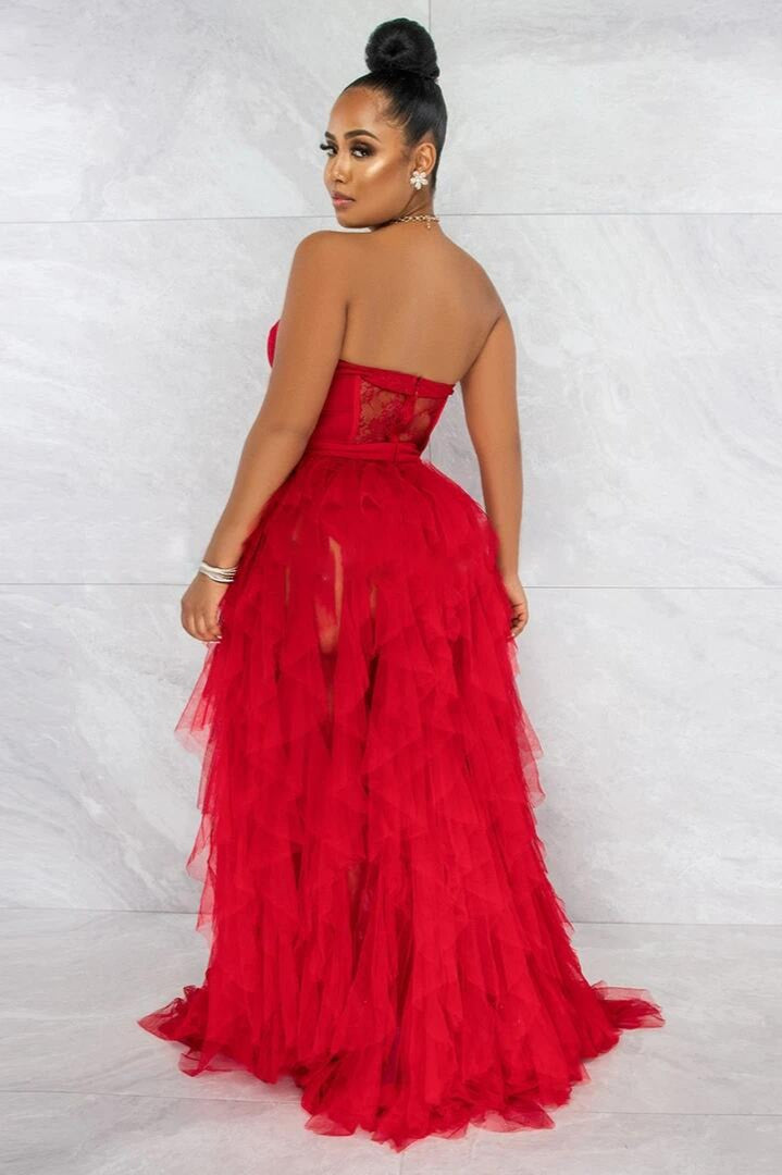 Sheer Lace Bustier Strapless Tulle A-Line Formal Gown - View 6