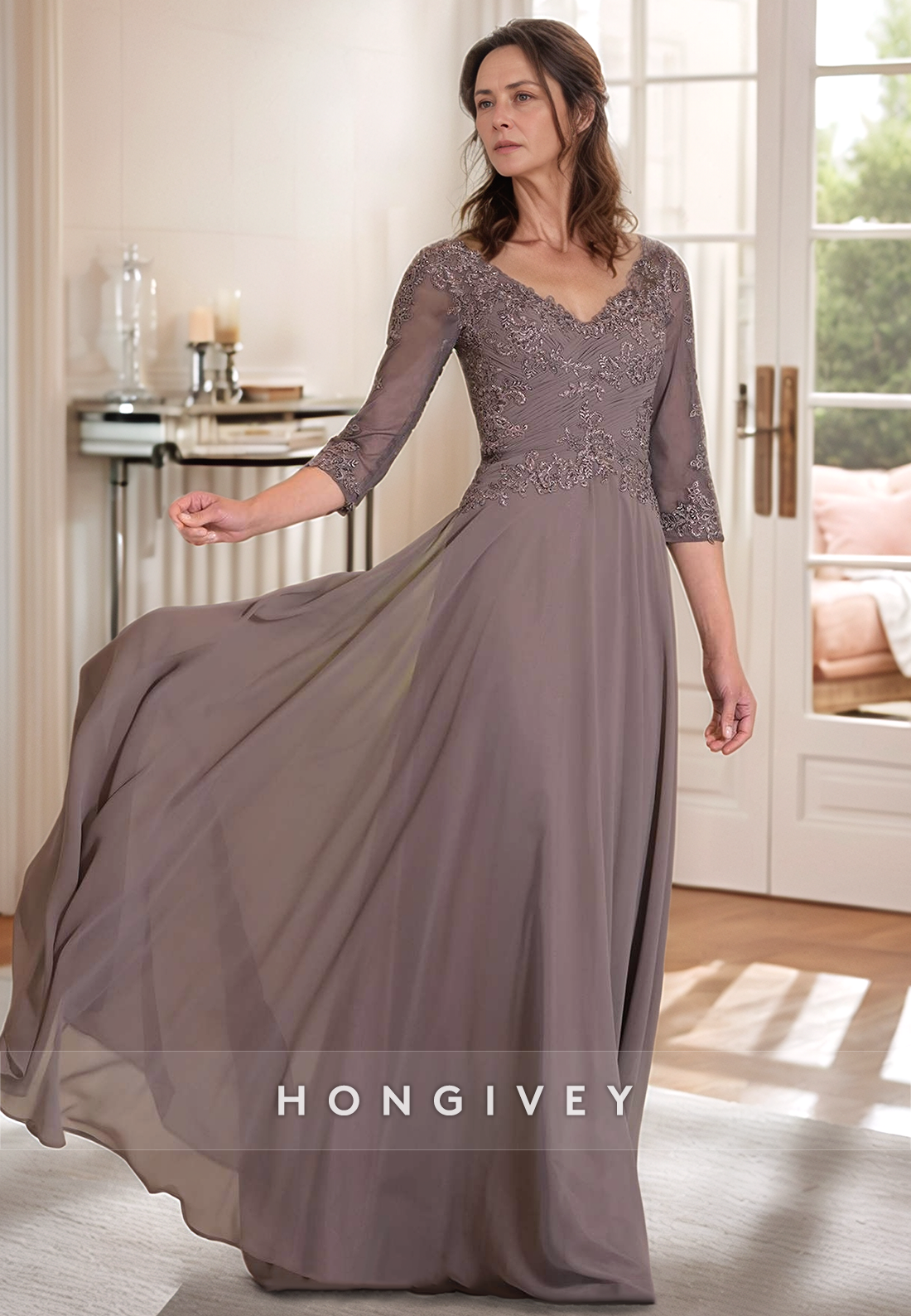 Sheath Sweep Train V Neck Lace 3/4 Sleeve Pleated Ruffles Mother of the Bride Dress