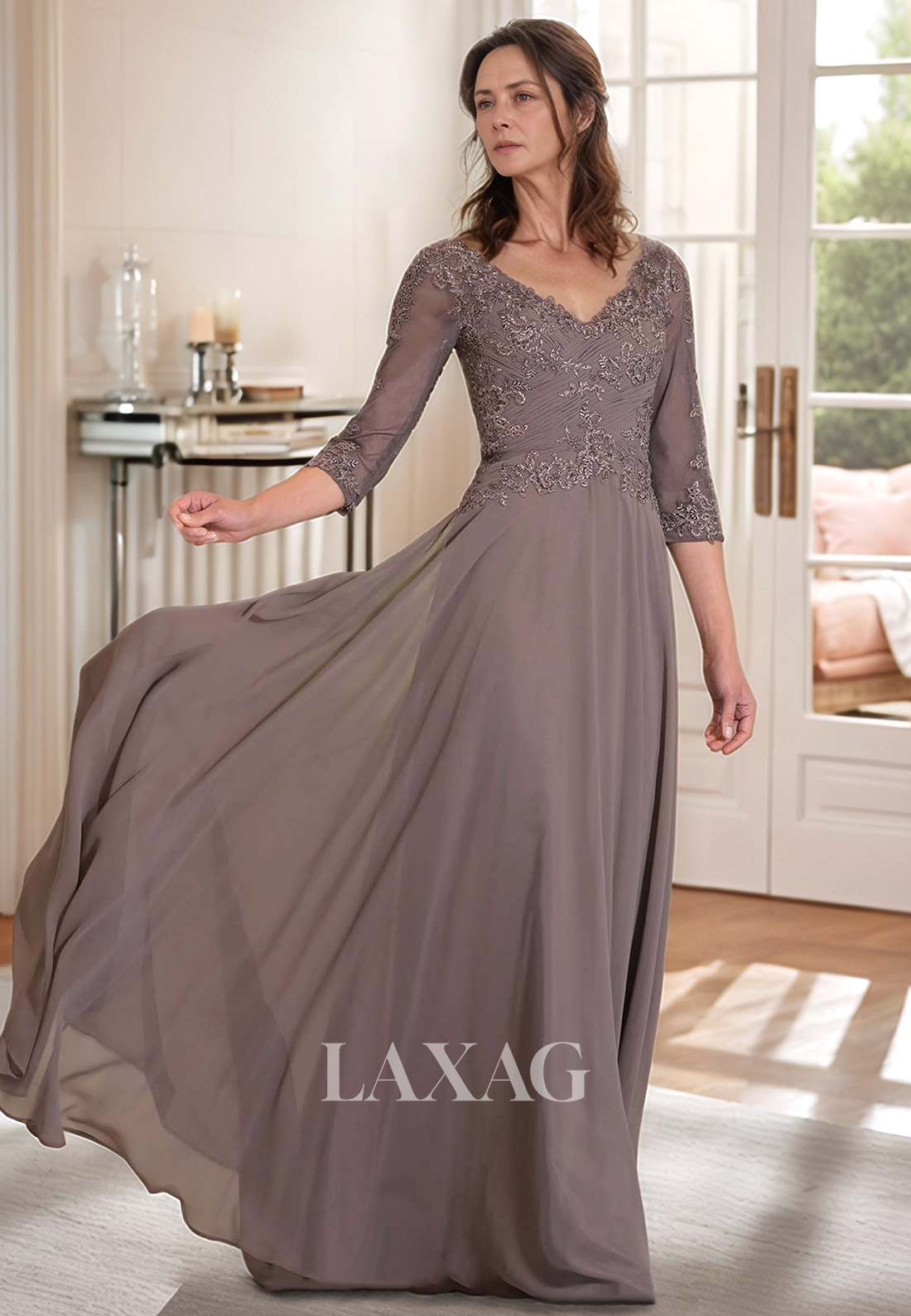 V-Neck 3/4 Sleeves A-Line Mother of the Bride Gowns Applique Pleated Floor-Length Tulle Cocktail Dress