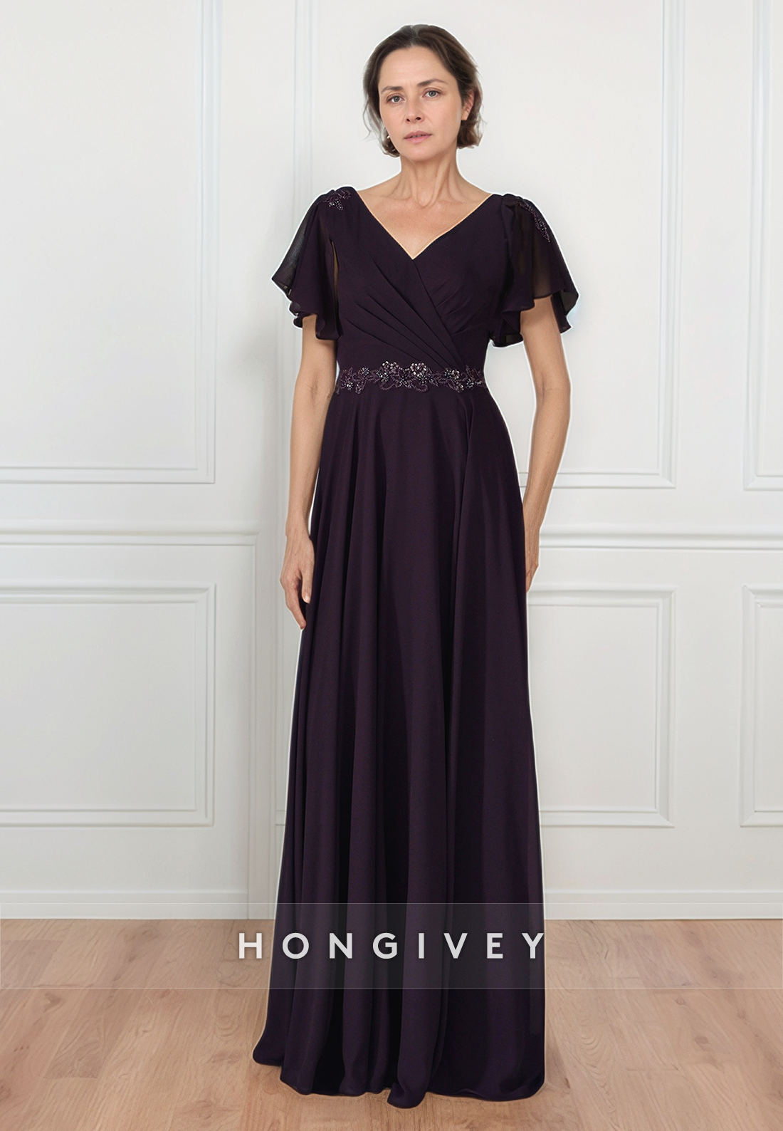 Sheath Floor-Length Chiffon V Neck Pleated Flutter Sleeves Mother of the Bride Dress