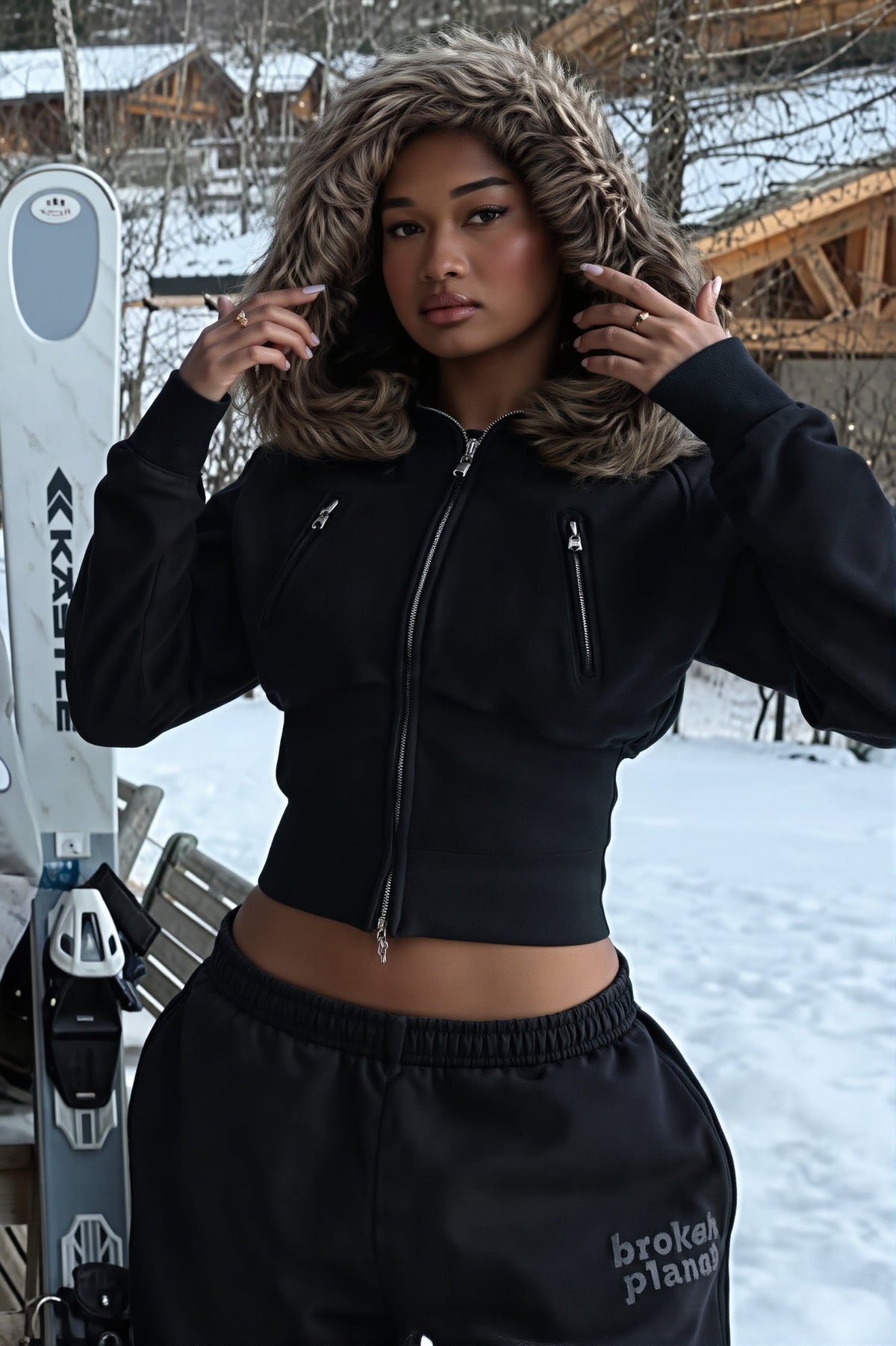 Faux Fur Trim Fitted Cropped Zip Hoodie 3
