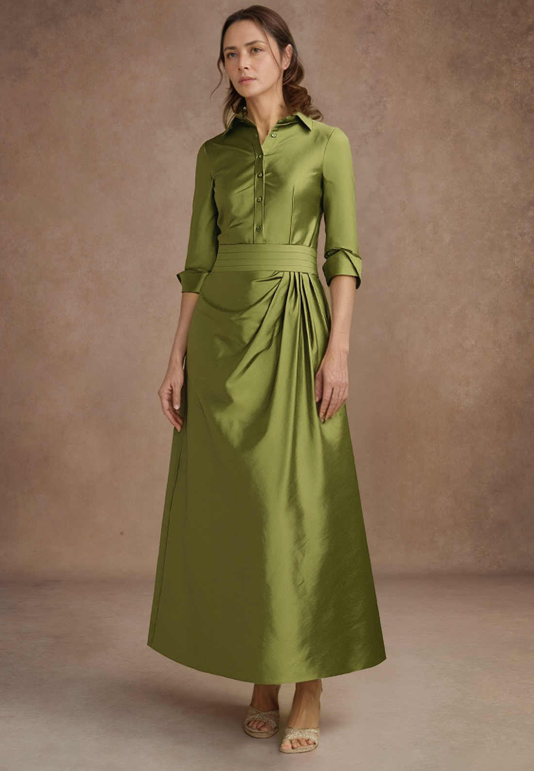 Sheath Ankle-Length High Neck Satin 3/4 Sleeve Pleated Mother Of the Bride Dress