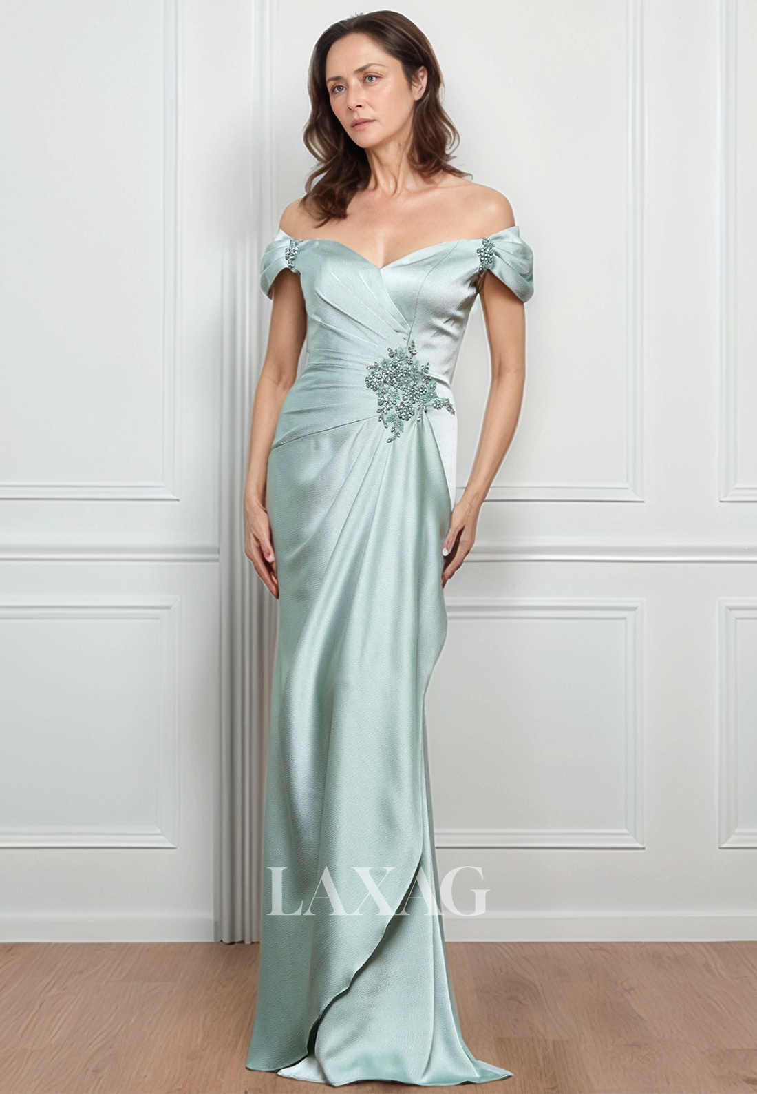Sweetheart Off-Shoulder Sleeveless Pleated Floor-Length Satin Mermaid Mother of the Bride Dress