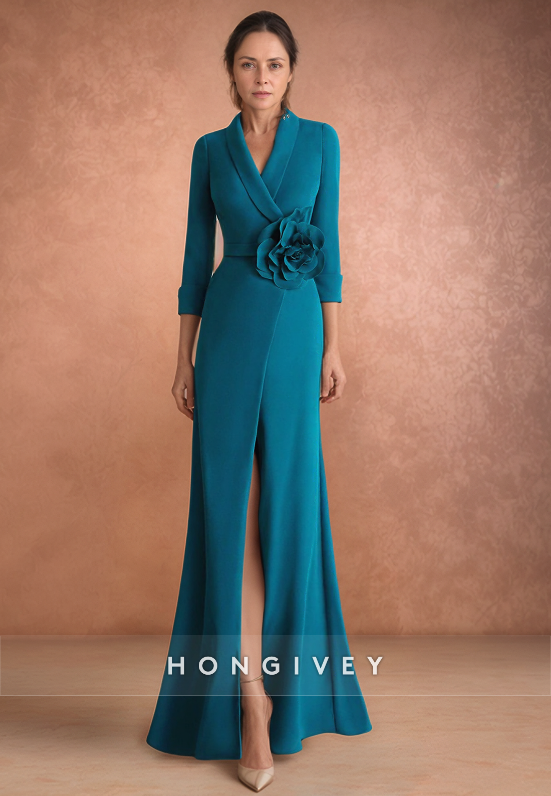 Sheath Floor-Length V Neck Satin 3/4 Sleeve Flowers Pleated Mother Of The Bride Dress