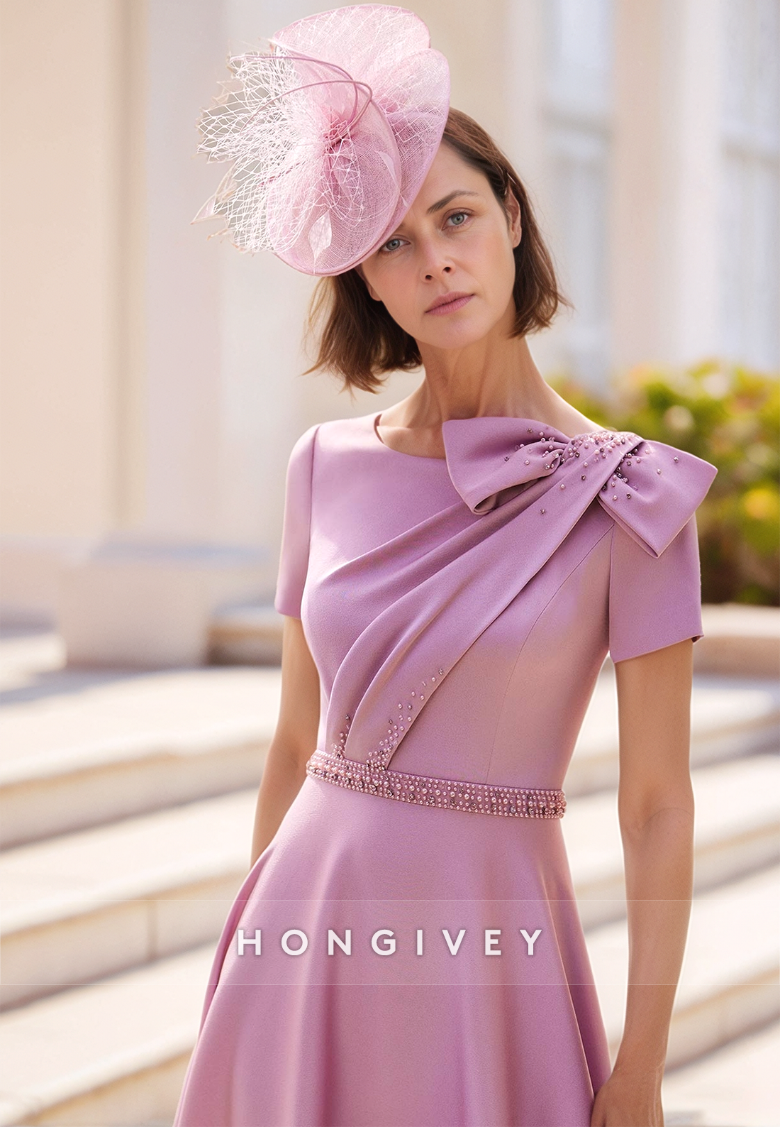 Bowknot Short Sleeve A-line Ankle-Length Satin Short Sleeve Pleated Rhinestone Mother Of the Bride Dress