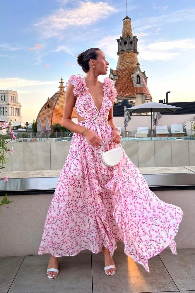 Floral Print Plunge Ruffle Cutout Tiered Maxi Dress