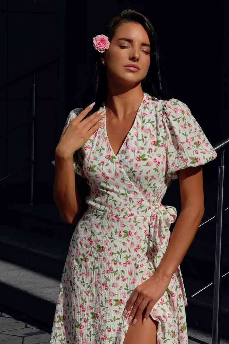 Puff Sleeve Floral Midi Wrap Dress
