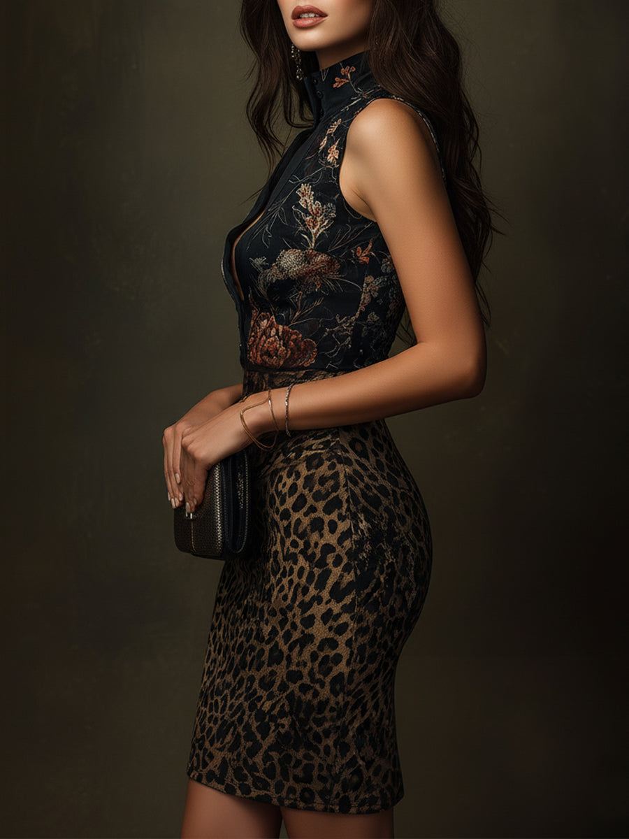 Retro Leopard Print Party Mini Dress With Keyhole Neckline