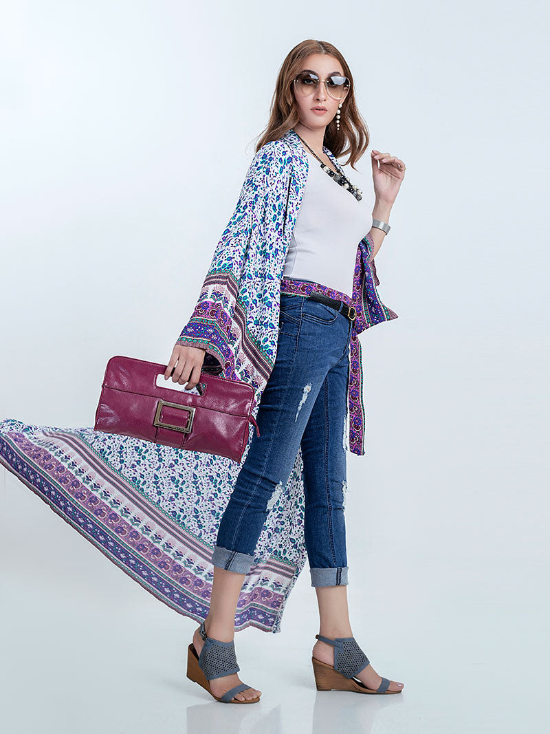 Beachwear Floral Print Pink & Blue Color Cotton Long Length Gown Kimono Duster Robe 6